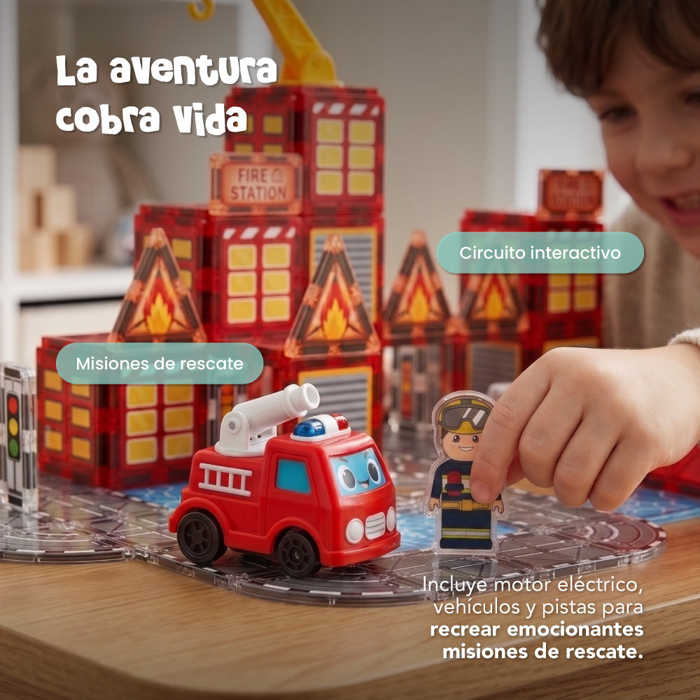 Bloques Magnéticos Estación de Bomberos 92 Piezas con Motor